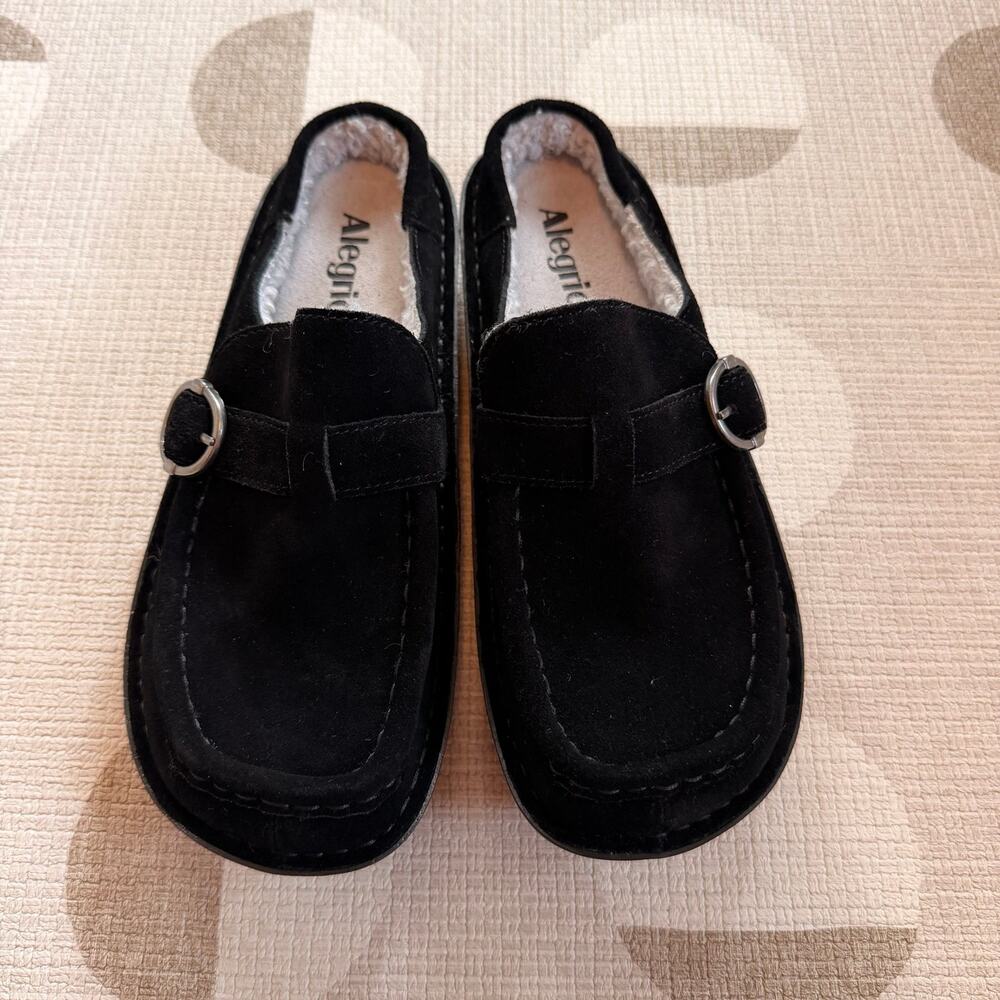 Alegria PG Lite BRI-8171 Women’s 37 Black Suede Leather Faux Fur Loafers NEW